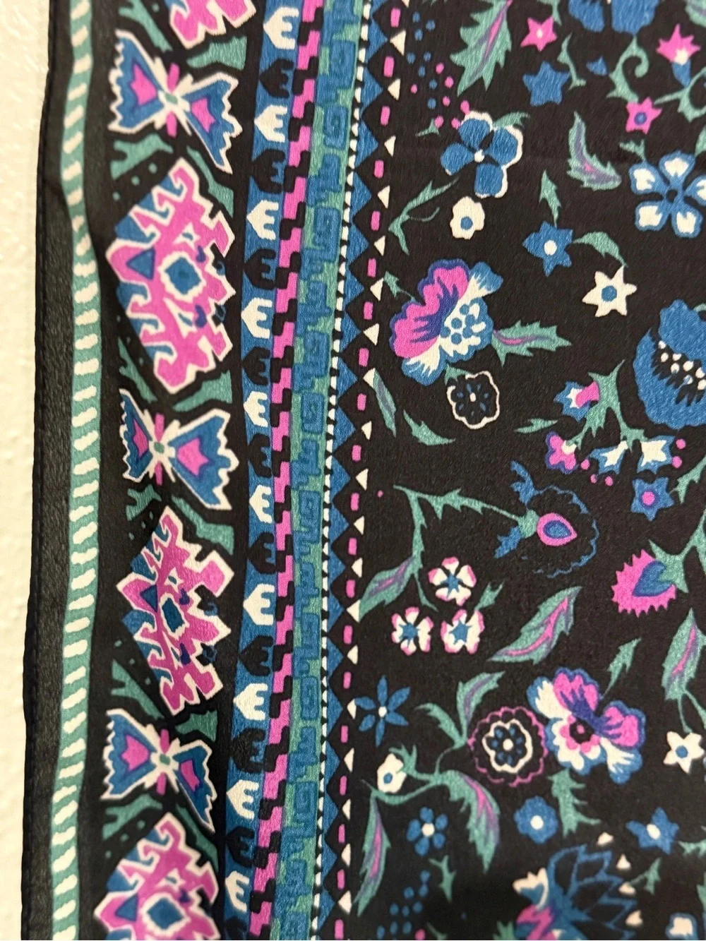 Unbranded Black Scarf with Pink, Blue/Teal Geometric Print. 52” long X 10” wide.